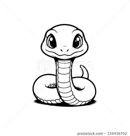 A simple black and white vector drawing of a cute happy friendly coiled cartoon snake mascot with large eyes and tongue flicking out. The style is childlike and minimalist. 138436702