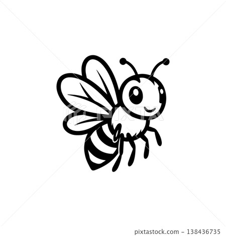 A simple black and white vector drawing of a cute friendly smiling honey bee mascot with wings antennae and stripes waving its hand. The style is childlike and minimalist. A simple black and white vector drawing of a cute friendly smiling honey bee mascot with wings antennae and stripes waving its hand. The style is childlike and minimalist. 138436735
