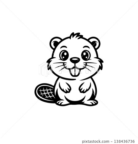 A simple black and white vector drawing of a cute happy smiling beaver mascot with large teeth and a paddle shaped tail. The style is childlike and minimalist. A simple black and white vector drawing of a cute happy smiling beaver mascot with large teeth and a paddle shaped tail. The style is childlike and minimalist. 138436736