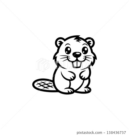 A simple black and white vector drawing of a cute happy smiling beaver mascot with large teeth and a paddle shaped tail. The style is childlike and minimalist. 138436737