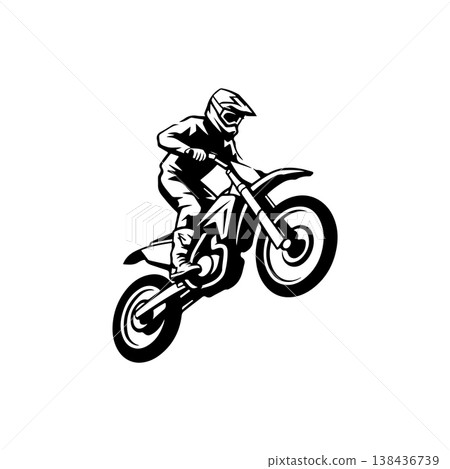A bold black and white vector illustration of a motocross rider jumping a dirt bike. The rider is wearing a helmet and gear performing an aggressive aerial stunt. A bold black and white vector illustration of a motocross rider jumping a dirt bike. The rider is wearing a helmet and gear performing an aggressive aerial stunt. 138436739