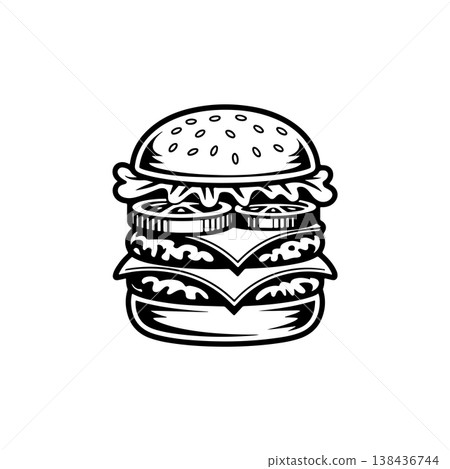 A simple black and white vector icon of a tall stacked double or triple cheeseburger with layers of bun lettuce cheese patties and vegetables. The style is bold and retro. A simple black and white vector icon of a tall stacked double or triple cheeseburger with layers of bun lettuce cheese patties and vegetables. The style is bold and retro. 138436744