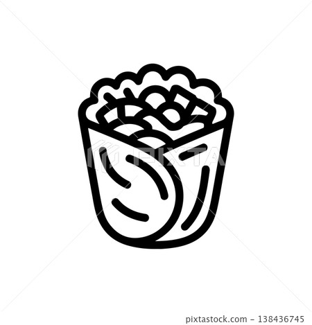 A bold black and white vector illustration of a vertically oriented burrito or wrap filled with meat beans rice and lettuce. The food is wrapped tightly in a tortilla. A bold black and white vector illustration of a vertically oriented burrito or wrap filled with meat beans rice and lettuce. The food is wrapped tightly in a tortilla. 138436745