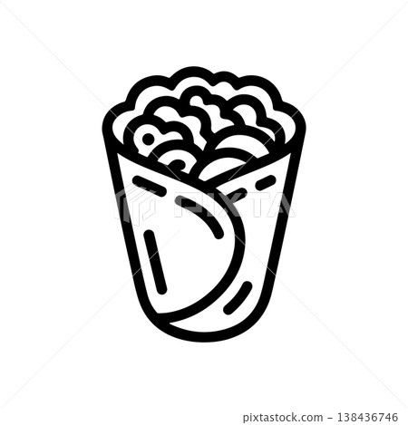 A bold black and white vector illustration of a vertically oriented burrito or wrap filled with meat beans rice and lettuce. The food is wrapped tightly in a tortilla. 138436746