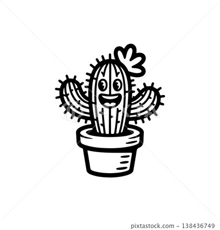 A simple black and white vector drawing of a cute happy smiling cactus mascot in a flower pot waving its arms. The desert plant has spines and a flower on its head. 138436749