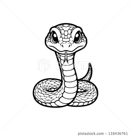 A simple black and white vector drawing of a cute happy friendly coiled cartoon snake mascot with large eyes and tongue flicking out. The style is childlike and minimalist. A simple black and white vector drawing of a cute happy friendly coiled cartoon snake mascot with large eyes and tongue flicking out. The style is childlike and minimalist. 138436761