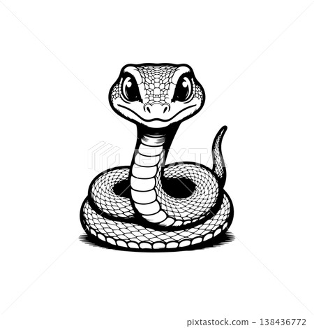 A simple black and white vector drawing of a cute happy friendly coiled cartoon snake mascot with large eyes and tongue flicking out. The style is childlike and minimalist. A simple black and white vector drawing of a cute happy friendly coiled cartoon snake mascot with large eyes and tongue flicking out. The style is childlike and minimalist. 138436772