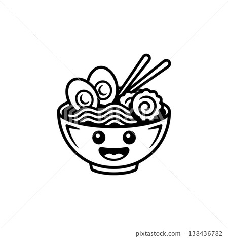 A simple black and white vector icon of a cute happy ramen bowl character with a smiling face filled with noodles eggs and chopsticks. The style is bold and linear. 138436782