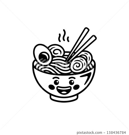 A simple black and white vector icon of a cute happy ramen bowl character with a smiling face filled with noodles eggs and chopsticks. The style is bold and linear. 138436784