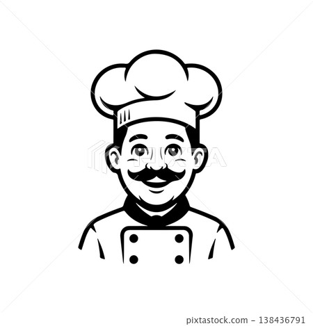 A simple black and white vector avatar of a professional smiling chef or baker wearing a toque hat and uniform. The man has a classic mustache and a friendly expression. 138436791