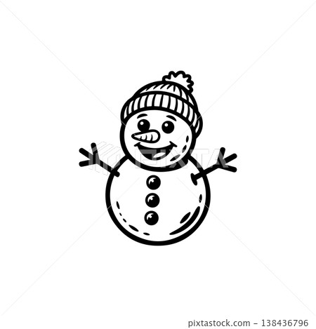 A simple black and white vector drawing of a cute happy smiling two-ball snowman mascot wearing a knit bobble hat with its stick arms raised. The style is childlike. A simple black and white vector drawing of a cute happy smiling two-ball snowman mascot wearing a knit bobble hat with its stick arms raised. The style is childlike. 138436796