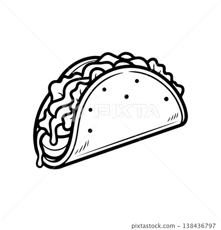 A bold black and white vector icon of a classic taco in a hard shell filled with beef lettuce cheese and salsa. The style is detailed and represents Mexican cuisine. 138436797