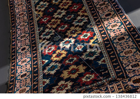 Handwoven oriental rug with intricate geometric motifs Handwoven oriental rug with intricate geometric motifs 138436812