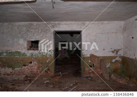 Abandoned Room With Peeling Paint And Exposed Brick Walls Showing Signs Of Decay In A Dilapidated Building Interior Scene 138436846