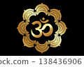 OM mantra mandala ancient Hindu symbol, gold Circular pattern flower Mehndi decoration, ornament in oriental style, vector illustration isolated on black background 138436906