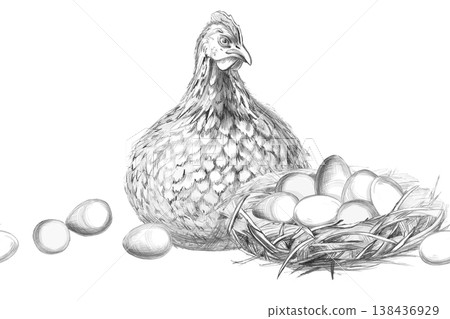 A hen next to a nest of eggs. Isolated pencil illustration for typography, farms, restaurants, food products, themed events, children's books, agriculture, and farmers' markets. 138436929