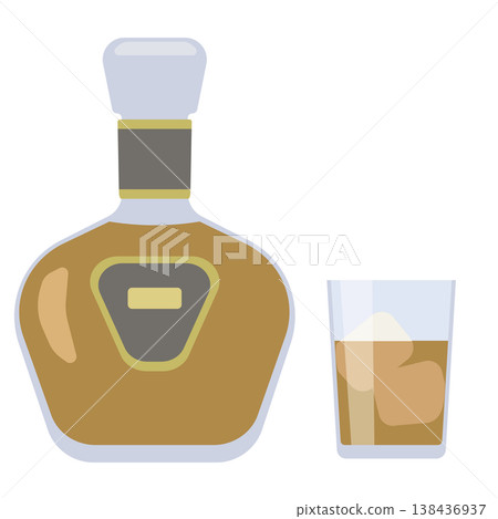 An illustration of brandy poured into a glass and a bottle. 138436937