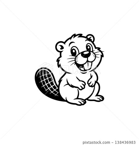 A simple black and white vector drawing of a cute happy smiling beaver mascot with large teeth and a paddle shaped tail. The style is childlike and minimalist. A simple black and white vector drawing of a cute happy smiling beaver mascot with large teeth and a paddle shaped tail. The style is childlike and minimalist. 138436983