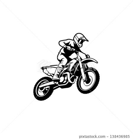 A bold black and white vector illustration of a motocross rider jumping a dirt bike. The rider is wearing a helmet and gear performing an aggressive aerial stunt. A bold black and white vector illustration of a motocross rider jumping a dirt bike. The rider is wearing a helmet and gear performing an aggressive aerial stunt. 138436985
