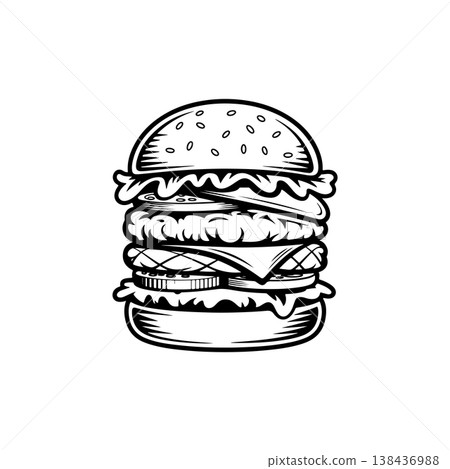 A simple black and white vector icon of a tall stacked double or triple cheeseburger with layers of bun lettuce cheese patties and vegetables. The style is bold and retro. A simple black and white vector icon of a tall stacked double or triple cheeseburger with layers of bun lettuce cheese patties and vegetables. The style is bold and retro. 138436988