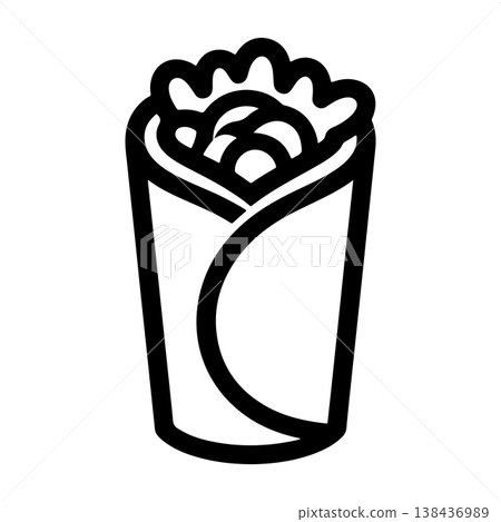 A bold black and white vector illustration of a vertically oriented burrito or wrap filled with meat beans rice and lettuce. The food is wrapped tightly in a tortilla. A bold black and white vector illustration of a vertically oriented burrito or wrap filled with meat beans rice and lettuce. The food is wrapped tightly in a tortilla. 138436989