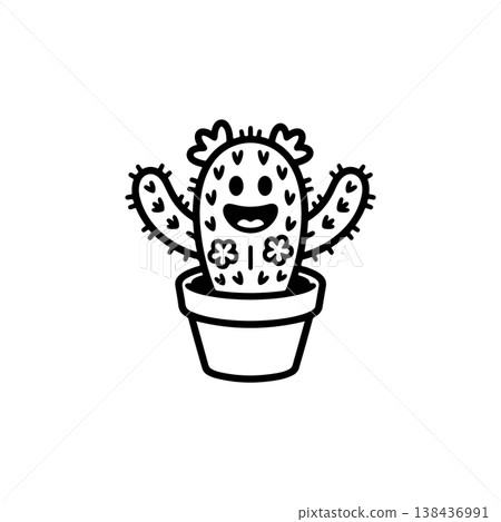 A simple black and white vector drawing of a cute happy smiling cactus mascot in a flower pot waving its arms. The desert plant has spines and a flower on its head. A simple black and white vector drawing of a cute happy smiling cactus mascot in a flower pot waving its arms. The desert plant has spines and a flower on its head. 138436991