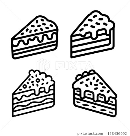 A set of four simple black and white vector icons showing different designs of layered cake slices topped with frosting sprinkles and drizzle. The style is bold and linear. A set of four simple black and white vector icons showing different designs of layered cake slices topped with frosting sprinkles and drizzle. The style is bold and linear. 138436992