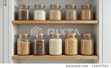 Various Jars Filled With Colorful Legumes Stored Neatly on Wooden Shelves in a Kitchen 138437029