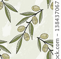 Vintage doodle patterned olive branches seamless pattern. Vector illustration background 138437067