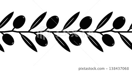 Hand drawn olive branch seamless border, outline silhouette isolated on a white background. Vector illustration Hand drawn olive branch seamless border, outline silhouette isolated on a white background. Vector illustration 138437068