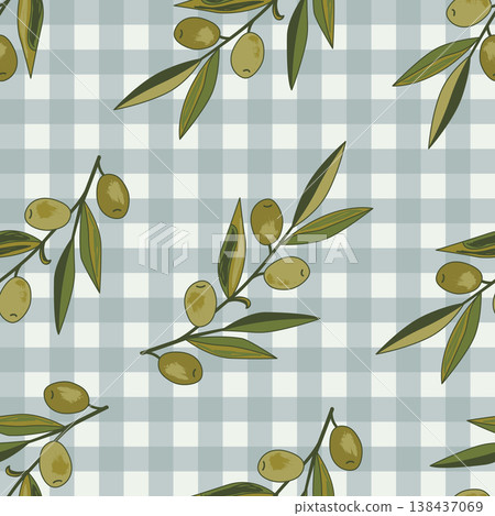 Vintage hand drawn olive branches seamless pattern on gingham background. Vector illustration background. 138437069