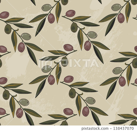 Vintage hand drawn olive branches seamless pattern. Vector illustration background. 138437070