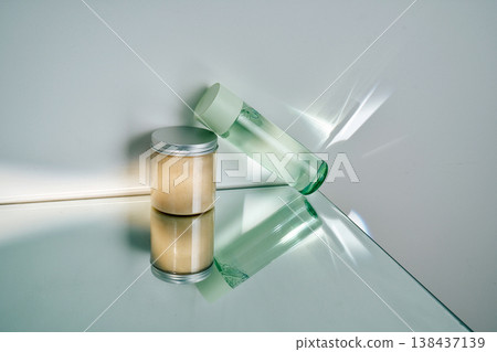 Skincare cosmetic products reflecting on mirror surface Skincare cosmetic products reflecting on mirror surface 138437139