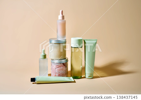Skincare cosmetic products arranging and displaying against a light background 138437145