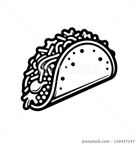 A bold black and white vector icon of a classic taco in a hard shell filled with beef lettuce cheese and salsa. The style is detailed and represents Mexican cuisine. 138437147