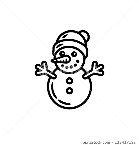 A simple black and white vector drawing of a cute happy smiling two-ball snowman mascot wearing a knit bobble hat with its stick arms raised. The style is childlike. A simple black and white vector drawing of a cute happy smiling two-ball snowman mascot wearing a knit bobble hat with its stick arms raised. The style is childlike. 138437152
