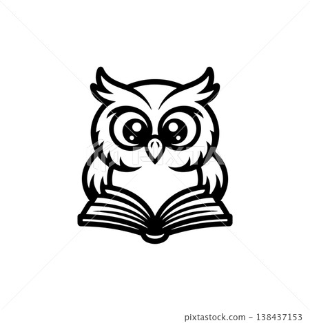 A simple black and white vector drawing of a cute wise owl mascot wearing glasses and reading an open book. The design represents education knowledge and wisdom. 138437153