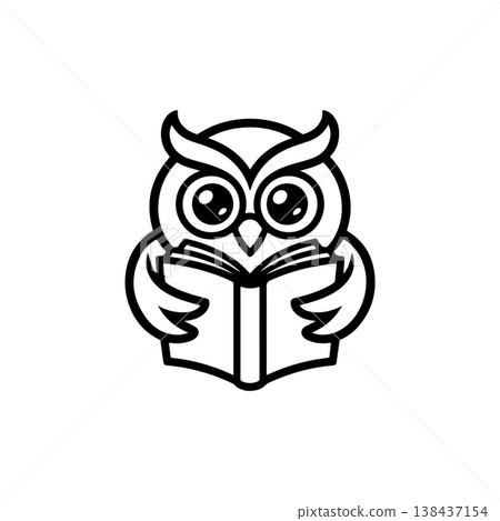 A simple black and white vector drawing of a cute wise owl mascot wearing glasses and reading an open book. The design represents education knowledge and wisdom. 138437154