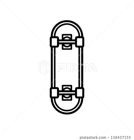A bold black vector silhouette of a classic skateboard viewed from a low angle. The simple design includes the deck trucks and wheels representing action sports and urban culture. A bold black vector silhouette of a classic skateboard viewed from a low angle. The simple design includes the deck trucks and wheels representing action sports and urban culture. 138437155