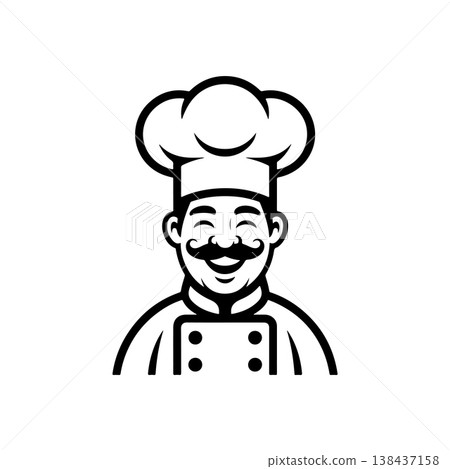A simple black and white vector avatar of a professional smiling chef or baker wearing a toque hat and uniform. The man has a classic mustache and a friendly expression. 138437158