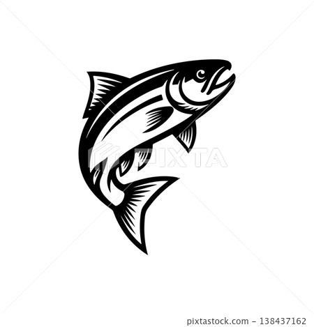 A bold black vector silhouette of a salmon or trout fish jumping out of the water. The design is simple and dynamic representing fishing nature and wild life. 138437162