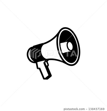 A bold black and white vector icon of a classic bullhorn or megaphone for public address. The design is simple and retro representing announcement or protest. A bold black and white vector icon of a classic bullhorn or megaphone for public address. The design is simple and retro representing announcement or protest. 138437169