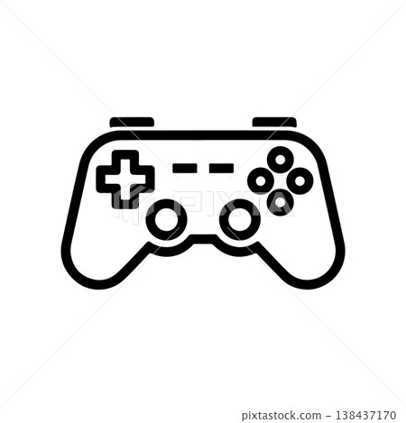 A simple black and white vector icon of a video game controller or gamepad featuring a D-pad and action buttons. The design is minimalist and represents gaming or esports. A simple black and white vector icon of a video game controller or gamepad featuring a D-pad and action buttons. The design is minimalist and represents gaming or esports. 138437170