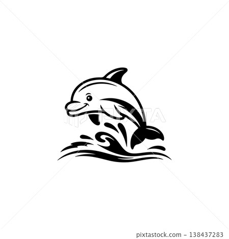 A simple black and white vector drawing of a cute friendly smiling dolphin jumping out of the water over tribal styled waves. The style is bold and linear. A simple black and white vector drawing of a cute friendly smiling dolphin jumping out of the water over tribal styled waves. The style is bold and linear. 138437283