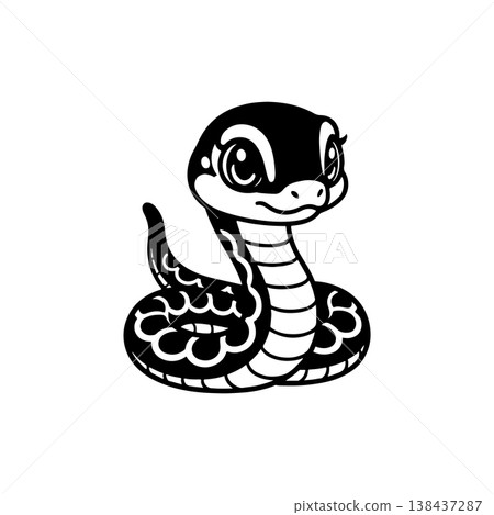 A simple black and white vector drawing of a cute happy friendly coiled cartoon snake mascot with large eyes and tongue flicking out. The style is childlike and minimalist. 138437287