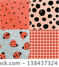 Seamless patchwork pattern with kawaii ladybugs, hearts, polka dot, gingham, and stylized sews. Vector illustration. 138437324