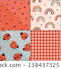 Seamless patchwork pattern with kawaii ladybugs, hearts, polka dot, gingham, and stylized sews. Vector illustration. 138437325