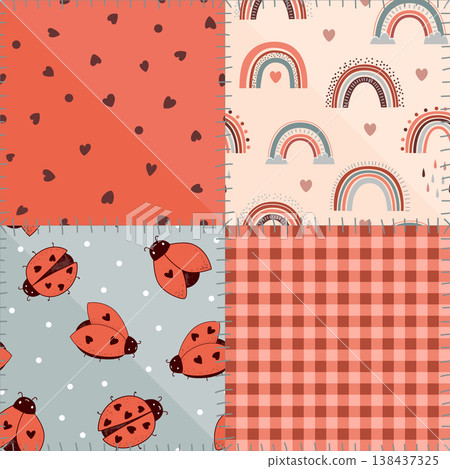 Seamless patchwork pattern with kawaii ladybugs, hearts, polka dot, gingham, and stylized sews. Vector illustration. 138437325