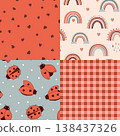 Seamless patchwork pattern with kawaii ladybugs, hearts, rainbows, gingham, and stylized sews. Vector illustration 138437326