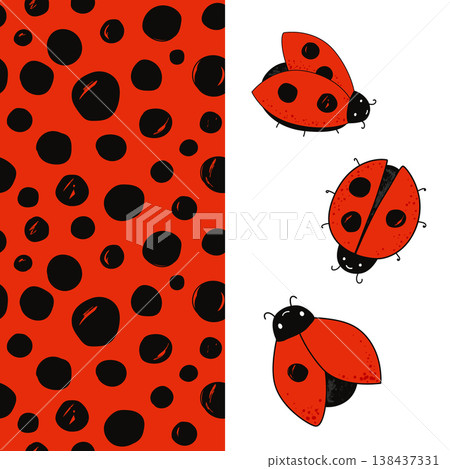 Set of cute ladybirds and ladybug dots hand drawn seamless pattern. Cartoon stylish vector collection. Set of cute ladybirds and ladybug dots hand drawn seamless pattern. Cartoon stylish vector collection. 138437331
